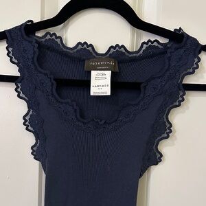 Rosemunde Silk Lace Trim Tank, Size medium. Navy Blue.